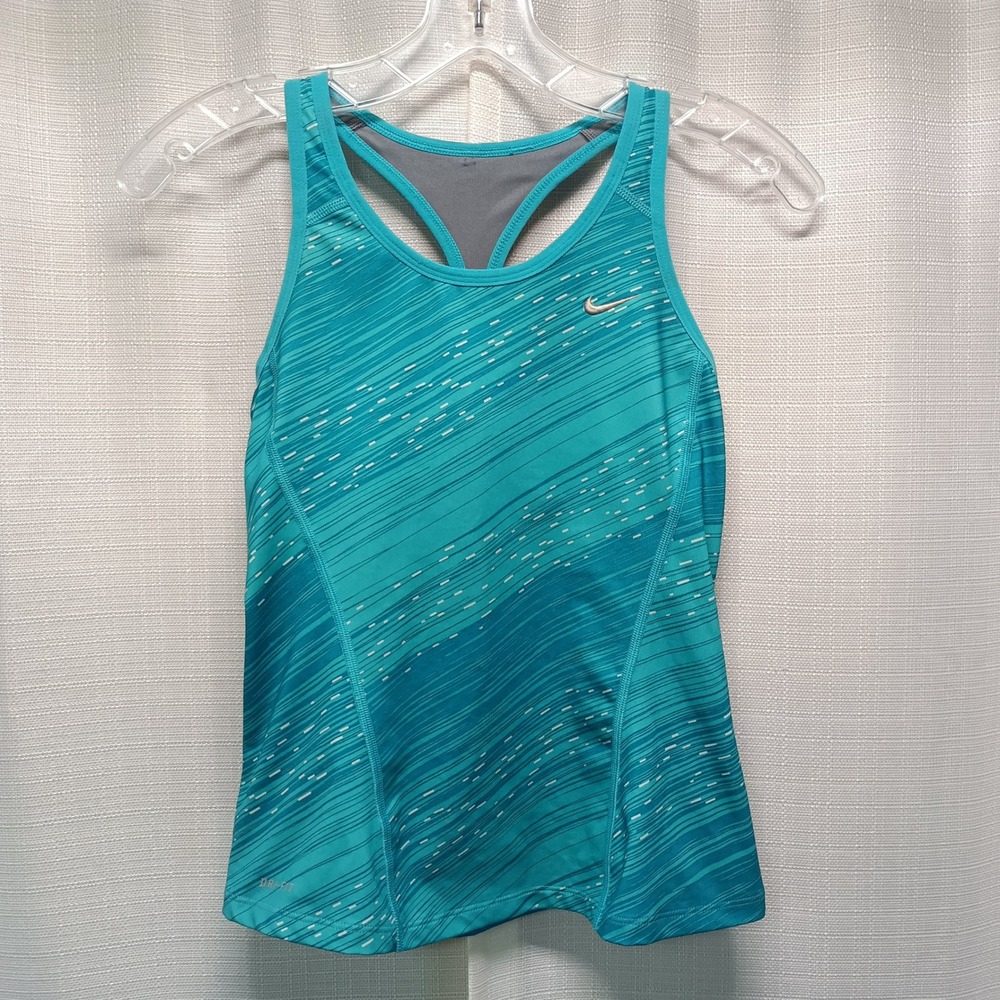 Nike Dri-FIT Womens XS Teal Abstract Print Racerback‎ Tank Top with Built-in Bra